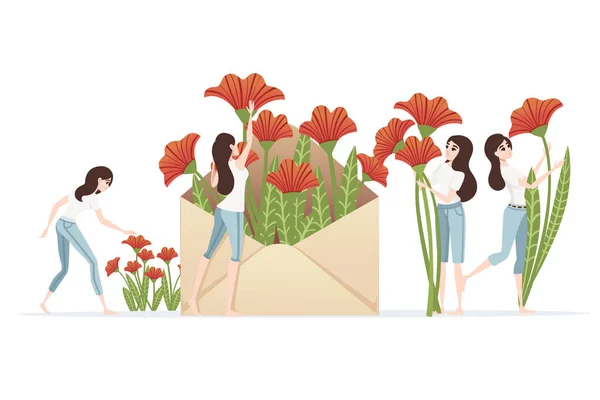 Sobre papel con flores rojas y mujeres escogiendo flores primavera elemento creativo abstracto de diseño plano ilustración vectorial sobre fondo blanco. — Archivo Imágenes Vectoriales