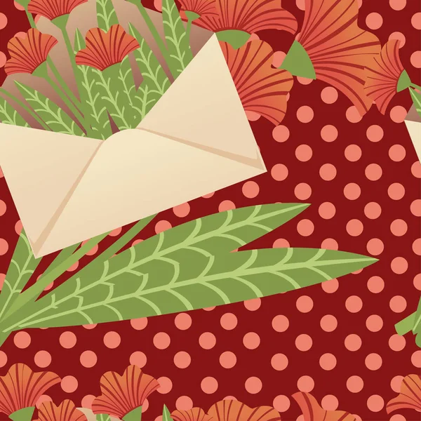 Bezszwowe wzór papier koperta z czerwonymi kwiatami wiosna twórczy abstrakcyjny projekt element płaski wektor ilustracja na czerwonym tle kropkowane — Wektor stockowy