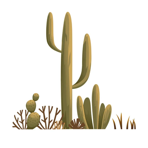 Gruppo di piante desertiche cactus spine e erbacce illustrazione vettoriale piatta su sfondo bianco — Vettoriale Stock