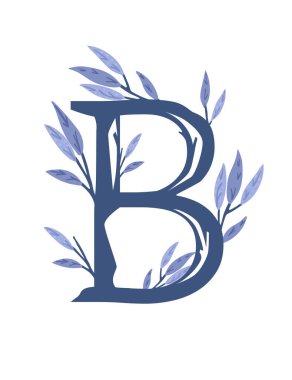 B harfi, yapraklı ağaç dalları çizilmiş. Çiçek el, İskandinav tarzı sanat tasarımı element düz vektör çizimi..