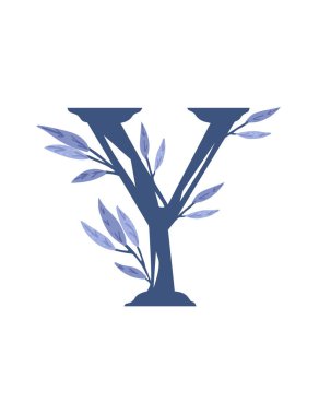 Y harfi, yapraklı ağaç dalları, botanik çiçekleri, çiçekli el, İskandinav tarzı sanat tasarımı, düz vektör çizimi..