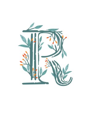 R harfi, yapraklar ve böğürtlenlerle ağaç dalları çizilmiş. Çiçek el, İskandinav tarzı sanat tasarımı element düz vektör çizimi..