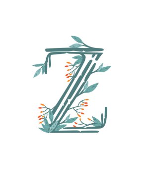 Z harfi, yapraklar ve böğürtlenlerle ağaç dalları çizilmiş. Çiçek el, İskandinav tarzı sanat tasarımı element düz vektör çizimi..