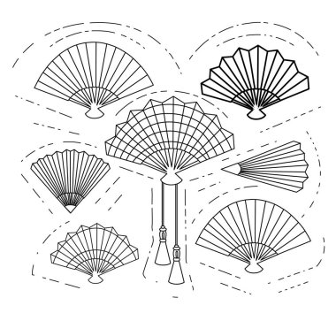 El vantilatörü Asya stili antika taslak taslak biçim simgesi beyaz arkaplan üzerinde düz vektör çizimi.