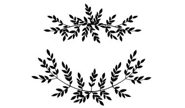 Siyah siluet çerçeve üst ve alt el ağaç dallarını yapraklar ve böğürtlenlerle çizmiş botanik çiçekler çiçekli el çizilmiş İskandinav tarzı sanat tasarımı elementinin düz vektör çizimi.