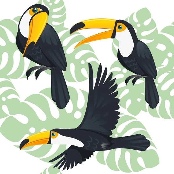 成熟したブラジルのToucan鳥の漫画のデザインのシームレスなパターン緑の葉と白の背景にフラットベクトルイラスト — ストックベクタ