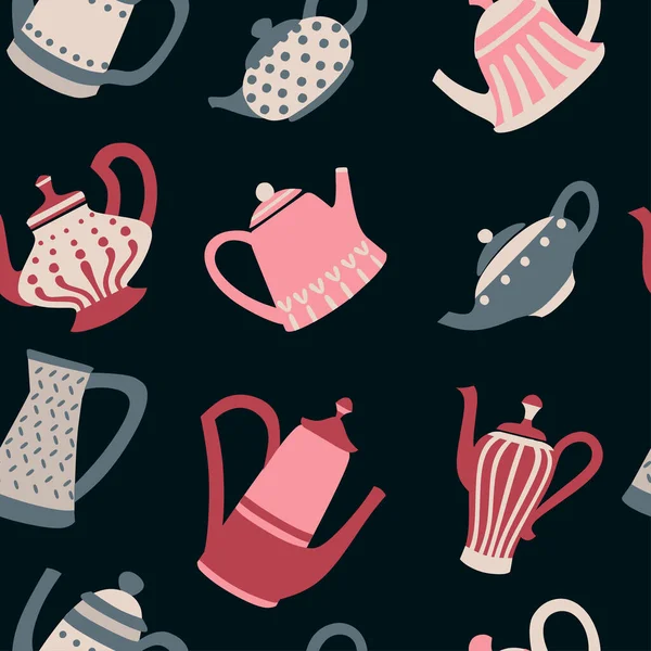 Бесшовный Рисунок Цветных Чайников Плоские Векторные Иллюстрации Темном Фоне — стоковый вектор