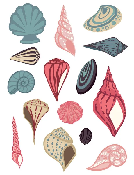 Gran Colección Conchas Mar Diferente Color Conchas Tropicales Plana Vector — Archivo Imágenes Vectoriales
