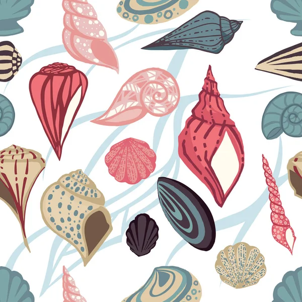 Patrón Inconsútil Gran Colección Conchas Marinas Diferentes Conchas Tropicales Colores — Vector de stock