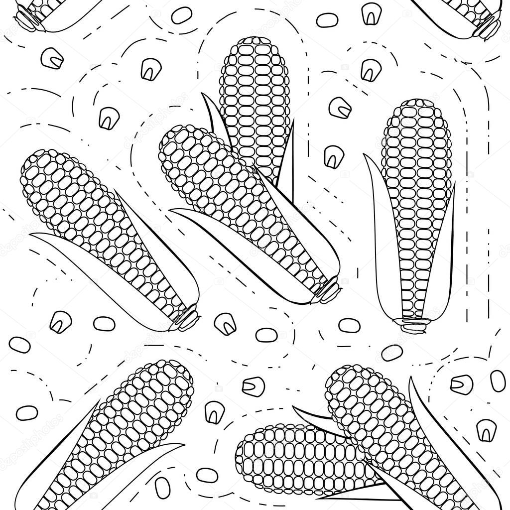 Seamless pattern of corn outline flat vector illustration on white background.