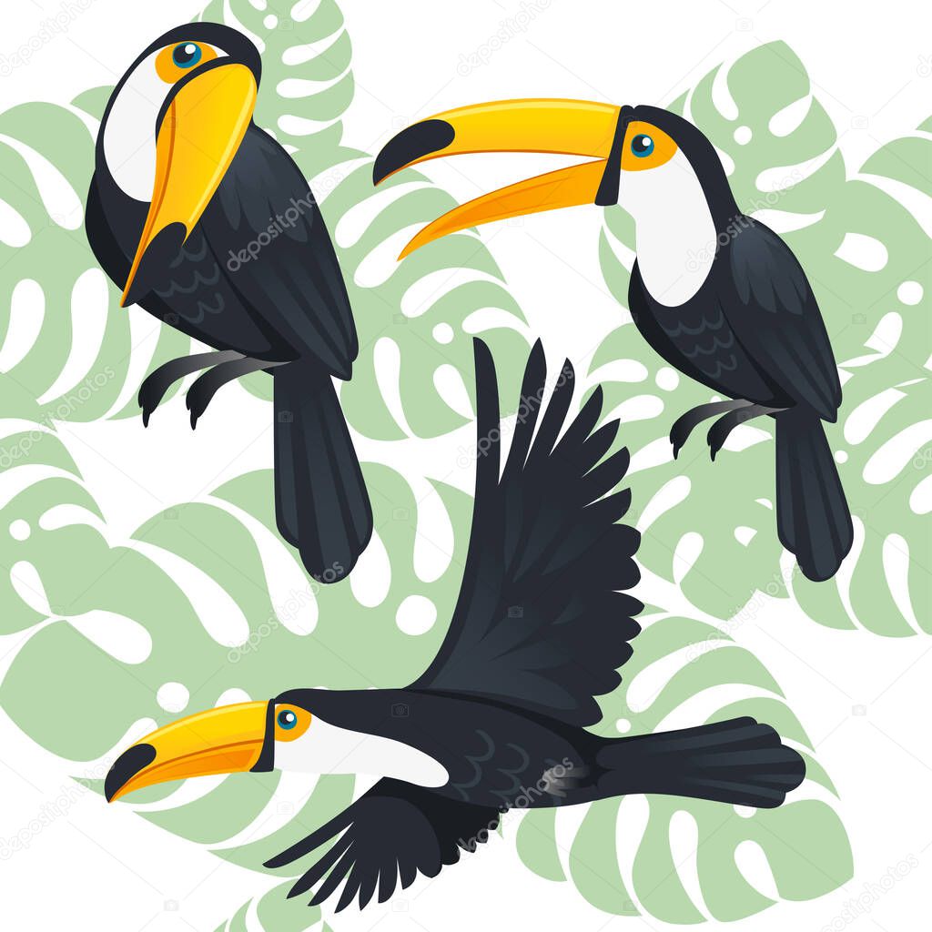 Seamless pattern of mature brazilian toucan bird cartoon animal design flat vector illustration on white background with green leaves.