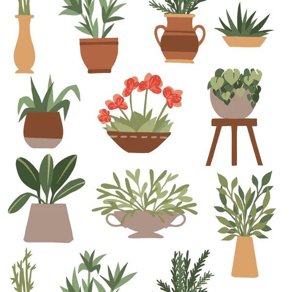 Bezešvé Vzor Domácí Dekorativní Venkovní Zahradní Rostliny Květináčích Set Zelené — Stockový vektor