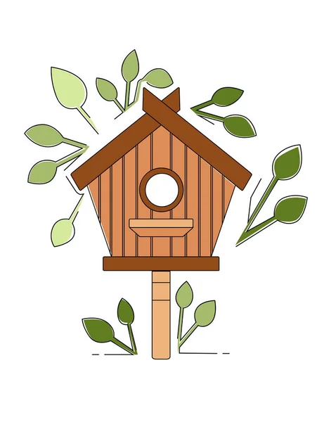 Scatola Nidificazione Palo Legno Birdhouse Disegno Vettoriale Piatto Sfondo Bianco — Vettoriale Stock