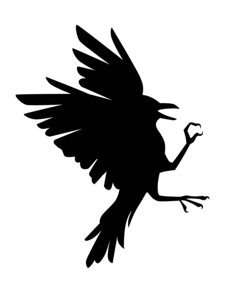 ブラックシルエットレイヴンバード漫画カラスデザインフラットベクトル動物イラスト白の背景に隔離 — ストックベクタ