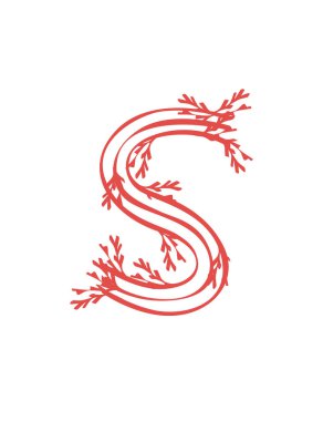 S harfi pembe deniz yosunları sualtı okyanus bitkisi deniz mercan elementleri beyaz arka planda düz vektör çizimi.