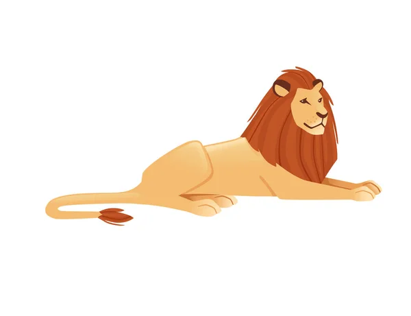 Περήφανο Ισχυρό Χαριτωμένο Λιοντάρι Βρίσκεται Στο Έδαφος Χαρακτήρα Κινουμένων Σχεδίων — Διανυσματικό Αρχείο