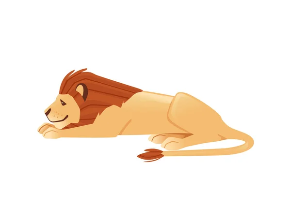 Περήφανο Ισχυρό Χαριτωμένο Λιοντάρι Βρίσκεται Στο Έδαφος Χαρακτήρα Κινουμένων Σχεδίων — Διανυσματικό Αρχείο