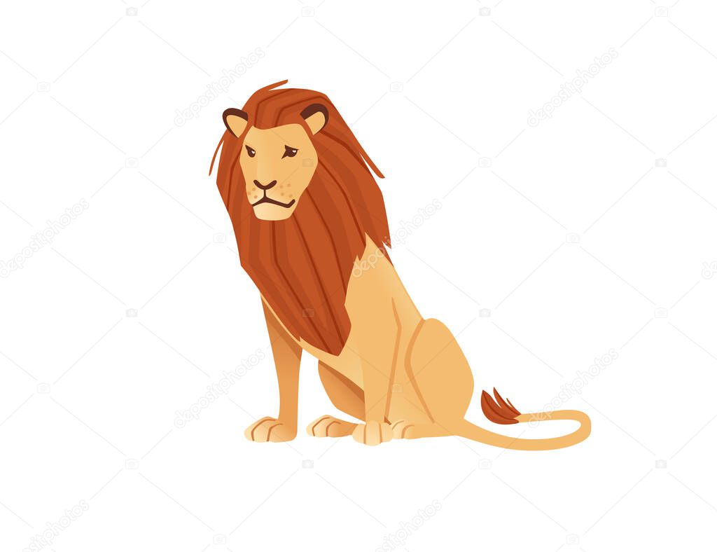 Proud powerful cute lion sitting on the ground character cartoon style animal design flat vector illustration isolated on white background.