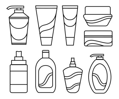 Kozmetik paketleri, beyaz arkaplanda izole edilmiş doğrusal set simgesi düz vektör illüstrasyonunu yener.