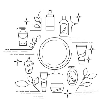 Kozmetik ürünleri, beyaz arkaplanda izole edilmiş doğrusal set simgesi düz vektör illüstrasyonunu güzellik ürünleri paketler.