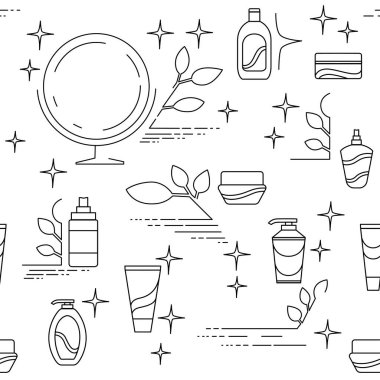 Kozmetik ürünleri, beyaz arkaplanda izole edilmiş doğrusal set simgesi düz vektör illüstrasyonunu güzellik ürünleri paketler.