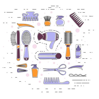 Profesyonel kuaför ve berber ekipmanları koleksiyonu. Kuaför aletleri. Beyaz arka planda makas, saç tokası vektör çizimi..