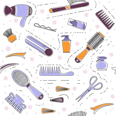 Profesyonel kuaför ve berber ekipman araçlarının ana hatsız deseni. Kuaför aletleri. Beyaz arka planda saç tokası çizimi..