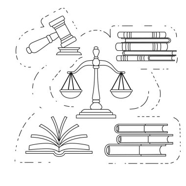 Adalet terazileri ve ahşap yargıç tokmak yasalar kitaplarıyla hukuki hukuk ve müzayede sembolü düz vektör illüstrasyonuyla beyaz arka plan taslak biçimi.