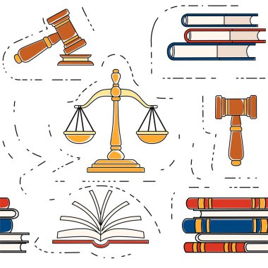 Kusursuz desenli adalet terazileri ve ahşap yargıç tokmak hukuk kitapları ve açık artırma sembollü beyaz arka plan çizgisi tarzı düz vektör çizimi.