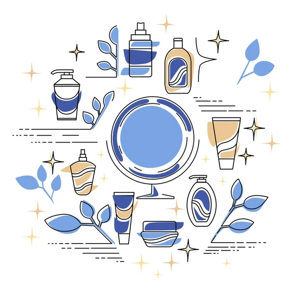 Paquetes Cosméticos Productos Belleza Contorno Conjunto Lineal Icono Ilustración Vectorial — Vector de stock