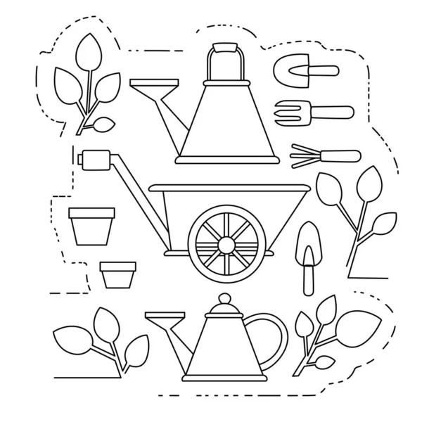 Gartenartikel Sammlung Umreißen Symbole Setzen Flache Vektor Illustration Auf Weißem — Stockvektor