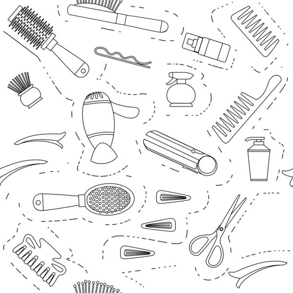 Outline seamless pattern of professional hairdresser and barber equipment tools hairdressing tools scissors hairpin vector illustration on white background.