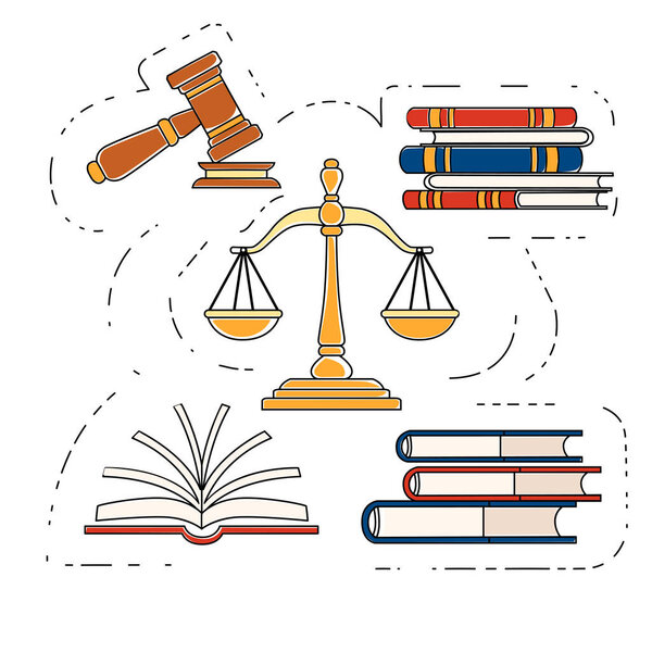 Justice scales and wooden judge gavel law hammer sign with books of laws legal law and auction symbol flat vector illustration on white background outline style.