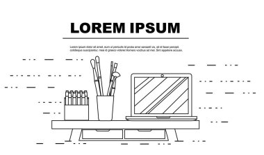 Beyaz zemin üzerinde çalışan düz vektör çizimi ile ana hatlı stil reklam broşürü tasarımı kavramı