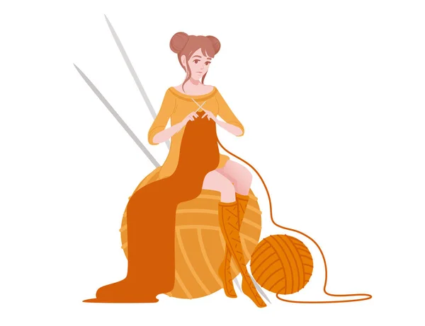 Femme mignonne assise sur la grosse boule orange de laine avec aiguille à tricoter illustration abstraite plate isolée sur fond blanc — Image vectorielle