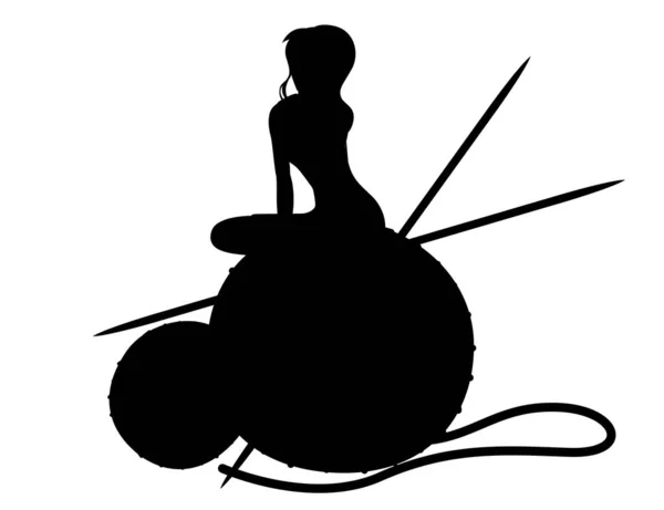 Silhouette noire femme assise sur la grosse boule de laine avec aiguille à tricoter illustration abstraite plate isolée sur fond blanc — Image vectorielle