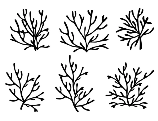 Zestaw czarnych kolorowych wodorostów morskich sylwetka podwodny ocean rośliny morskie koralowe elementy płaskie wektor ilustracja na białym tle — Wektor stockowy