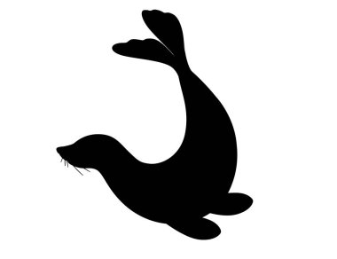 Siyah siluet şirin fok karikatürü hayvan tasarımı düz vektör çizimi beyaz zemin üzerinde izole.