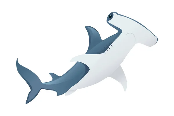 ホワイトの背景に隔離されたハマーヘッドサメ水中巨大な動物のシンプルな漫画のキャラクターデザインフラットベクトルイラスト — ストックベクタ
