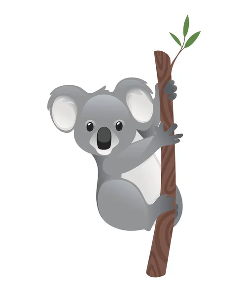 Cute Szary Koala Niedźwiedź Siedzieć Gałęzi Drewna Zielonych Liści Kreskówki — Wektor stockowy