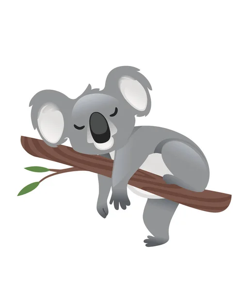 Lindo Oso Koala Gris Durmiendo Rama Madera Con Hojas Verdes — Vector de stock