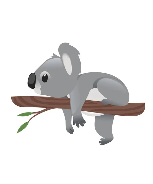 Cute Szary Koala Niedźwiedź Spoczywa Gałęzi Drewna Zielonych Liści Kreskówki — Wektor stockowy