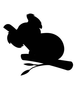 Siyah siluet koala beyaz arka planda izole edilmiş tahta dallı hayvan tasarımı düz vektör çizimi üzerine oturur..