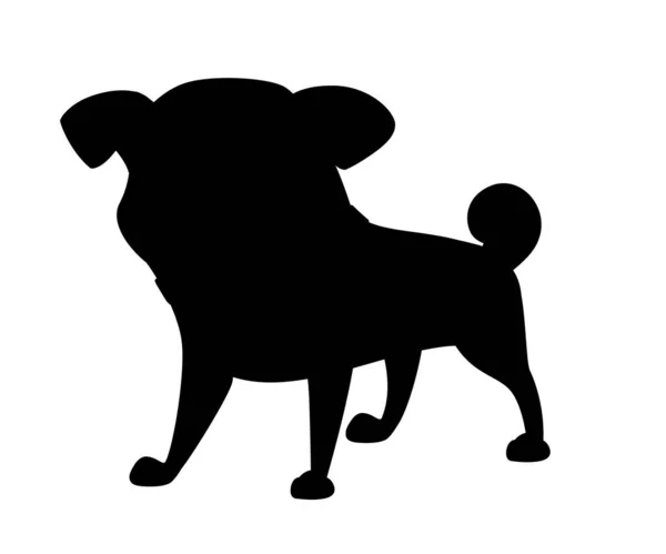 黑色轮廓可爱的小友好的哈巴狗卡通家养动物设计平面矢量图解分离的白色背景 — 图库矢量图片