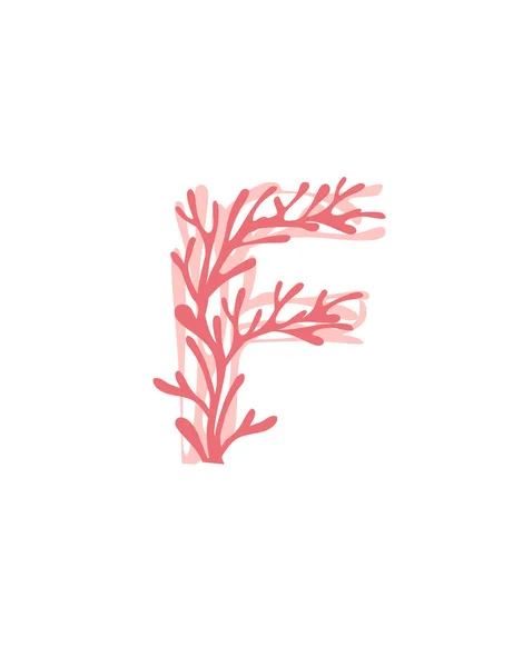 字母F粉色海藻水下海洋植物海珊瑚元素白色背景平面矢量图解 — 图库矢量图片