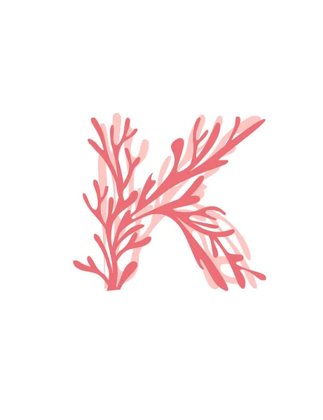 手紙Kピンク色の海草水中の海草の海の植物のサンゴの要素白い背景にフラットベクトルイラスト — ストックベクタ