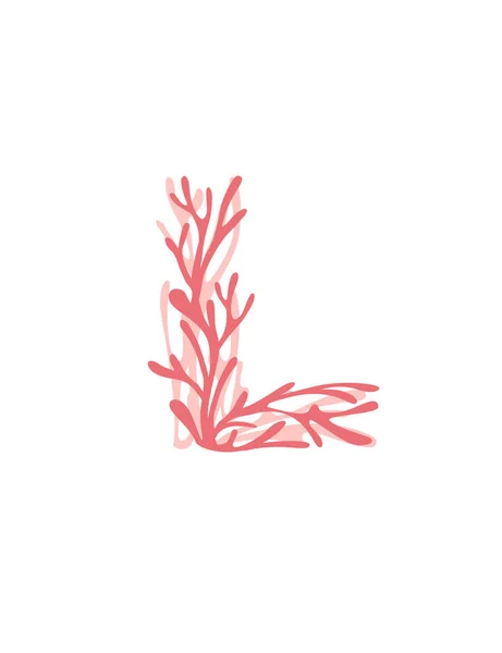 手紙Lピンク色の海草水中の海草の海の植物のサンゴの要素白い背景にフラットベクトルイラスト — ストックベクタ