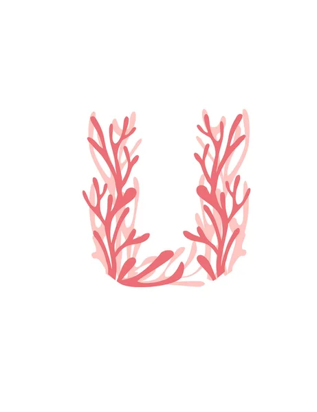 字母U粉色海藻水下海洋植物海洋珊瑚元素白色背景平面矢量图解 — 图库矢量图片