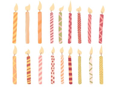 Beyaz arkaplanda renkli doğum günü mumları koleksiyonu düz vektör çizimi.