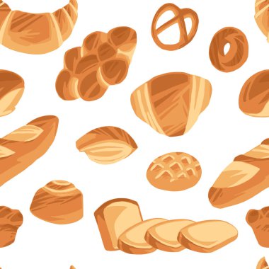 Pastane çizgi film ürünleri için kusursuz desenli fırın ürünleri beyaz arka planda düz vektör çizimi.